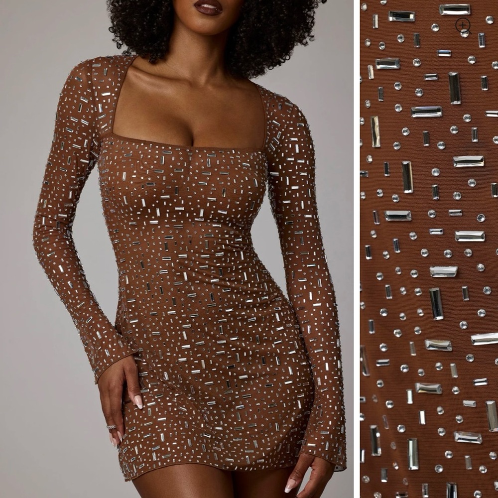 Oh Polly Zeta Sheer Embellished Long Sleeve A-Line Mini Dress in Mocha